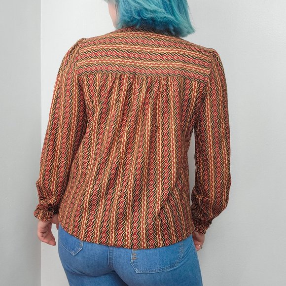 Vintage 70s Bold Zig Zag Print Ruffled High Neck Blouse - Picture 3 of 7